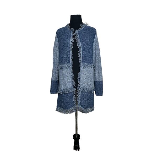 Chicos Blue Patchworks Long Sleeves Fringe Open Front Cardigan size 0 - S - Picture 6 of 12